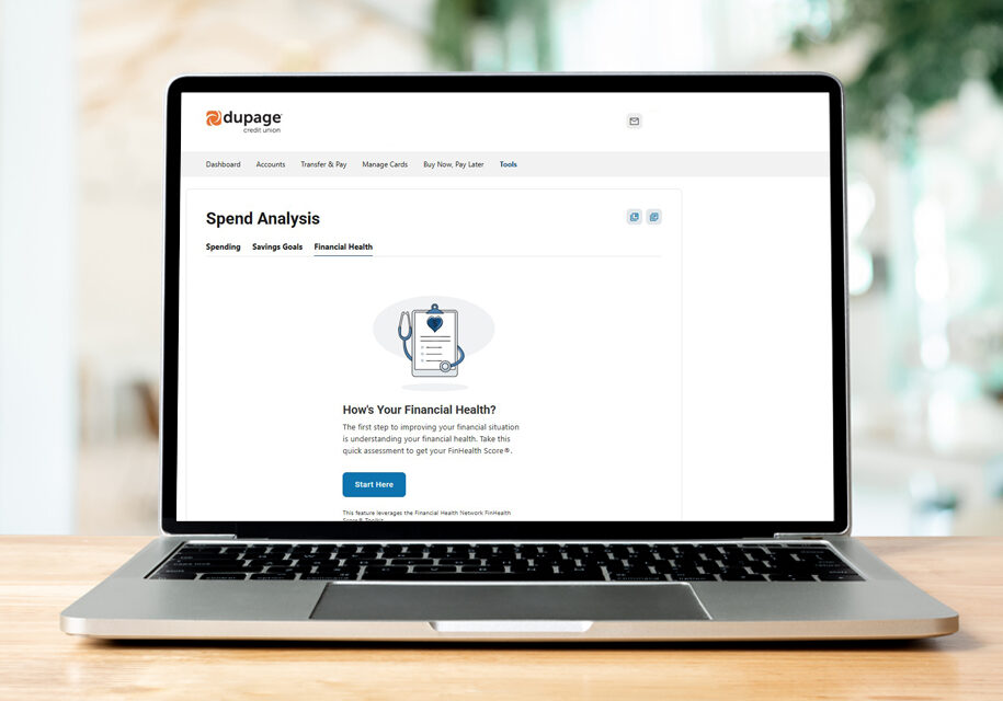 Laptop with screenshot of Financial Health digital banking page