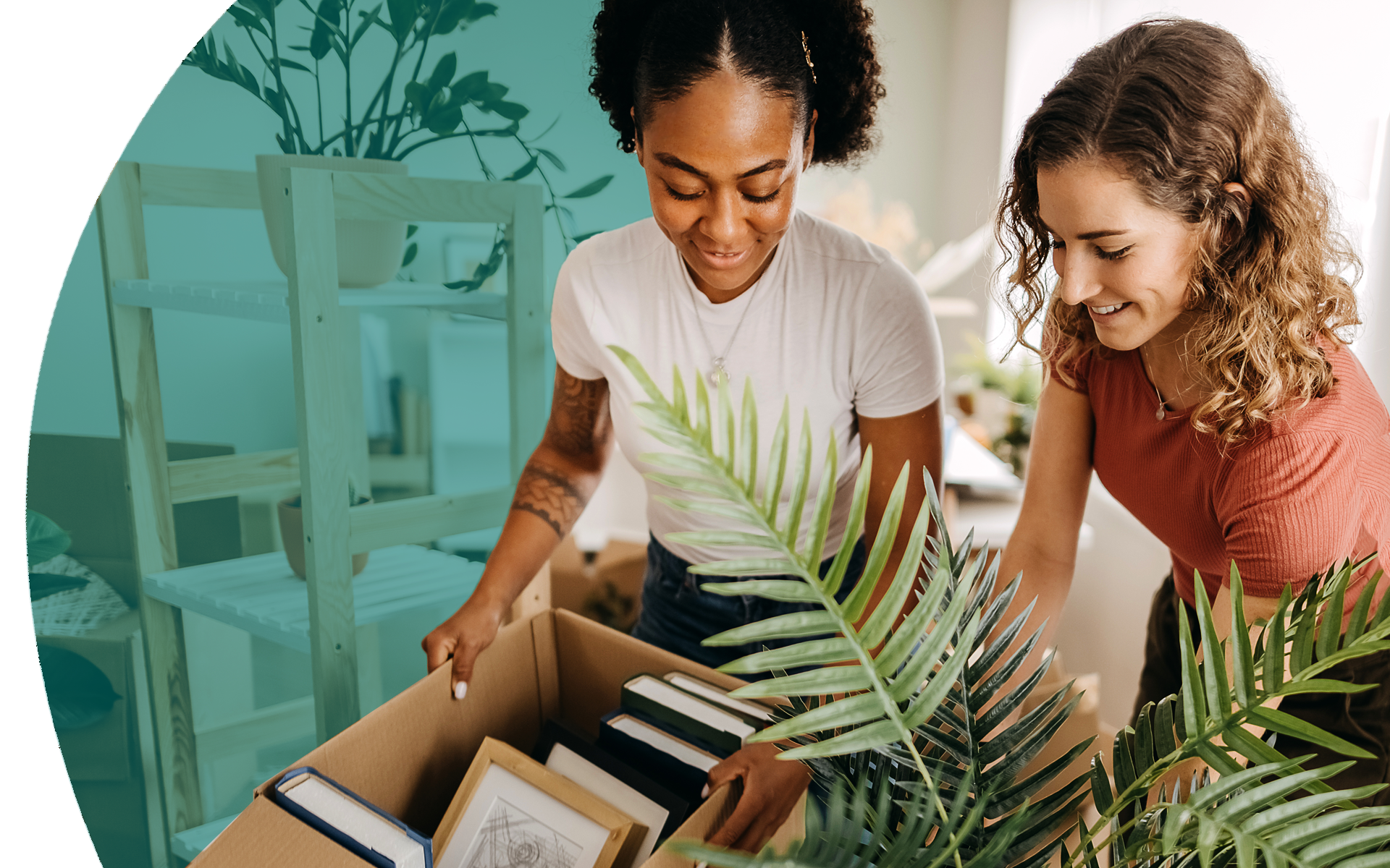 Two women packing up books and plants to move out of their apartment Two women packing up books and plants to move out of their apartment